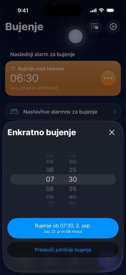 Nastavitev enkratnega bujenja za jutri ali njegov preskok