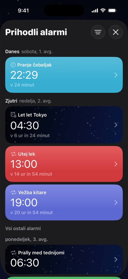 Prihajajoče budilke, razvrščene po dnevih