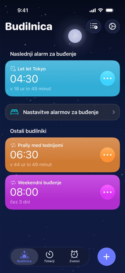 Zavihek Vstajanje z naslednjo budilko za vstajanje in ostalimi budilkami
