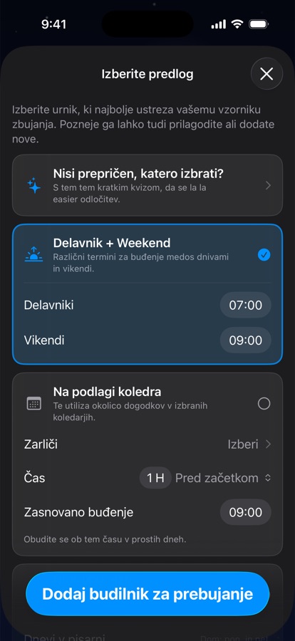 Izbira predloge za urnik vstajanja
