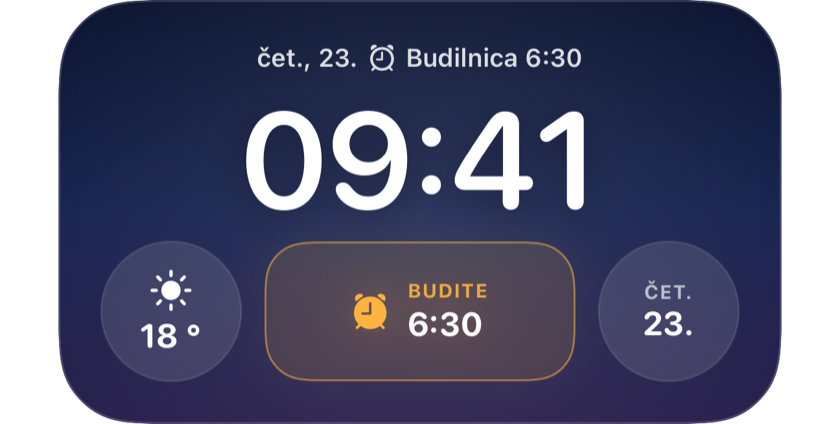 Zaklenjen zaslon, kjer pripomoček prikazuje naslednje vstajanje ob 6:30