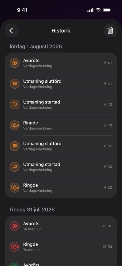 Alarmhistorik från tidigare uppvakningar