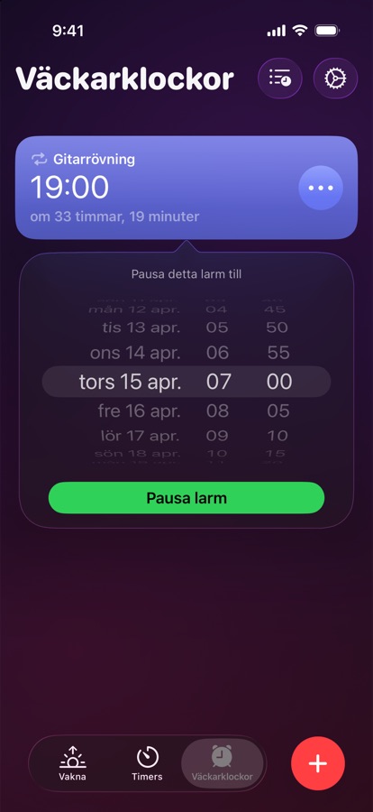 Att pausa ett alarm till ett valt datum och klockslag