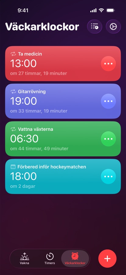 Fliken Alarm, en lista med återkommande och engångsalarm