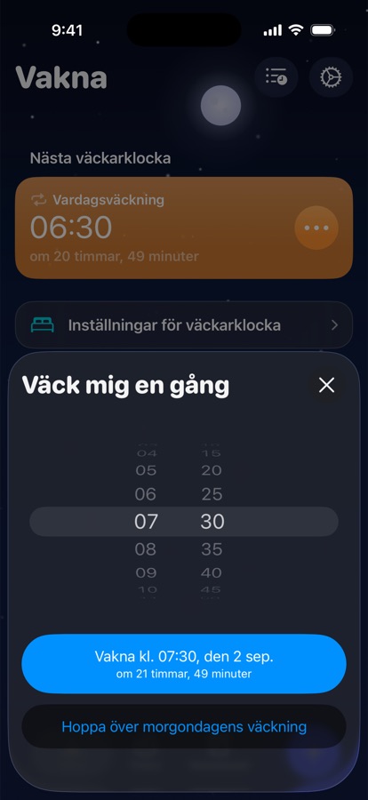 Att ställa in en engångsväckning till imorgon eller hoppa över den