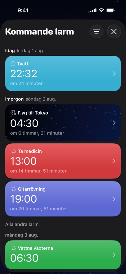 Kommande alarm grupperade per dag
