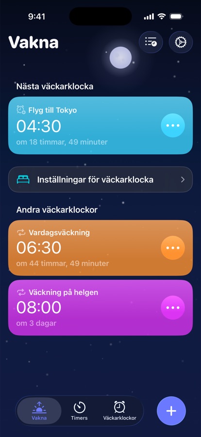 Fliken Uppvakning, med nästa uppvakningsalarm och de andra uppvakningsalarmen