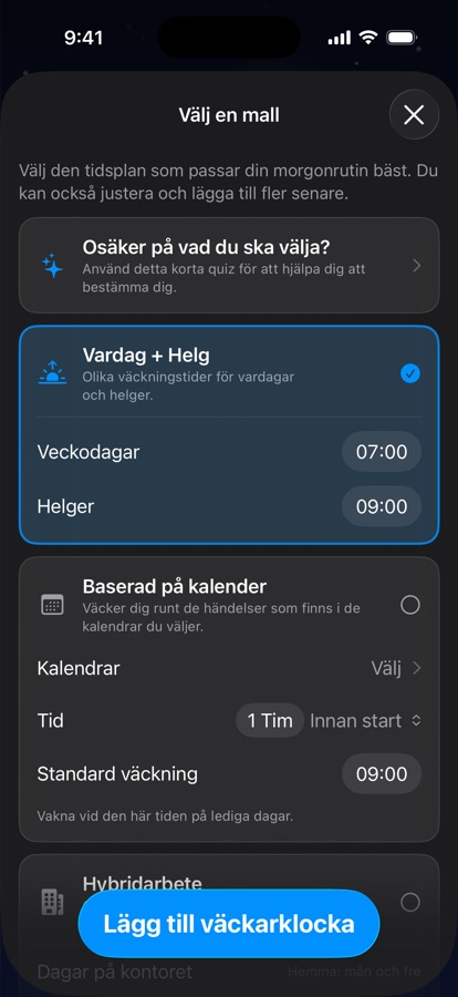 Att välja en mall för uppvakningsschemat