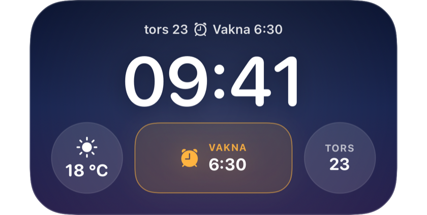 En låst skärm som visar nästa uppvakning 06:30 i en widget