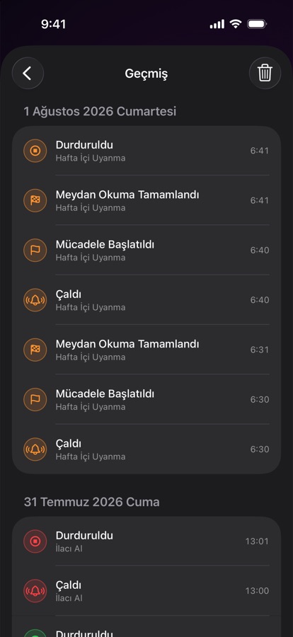 Önceki uyanmalara ait alarm geçmişi