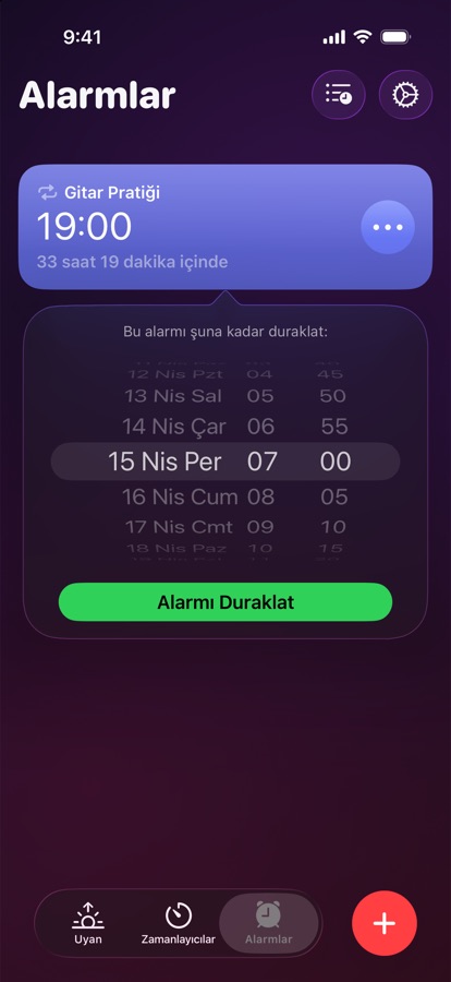 Bir alarmı seçilen tarih ve saate kadar duraklatma