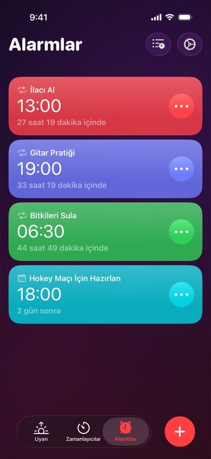 Alarmlar sekmesi: tekrarlanan ve tek seferlik alarmların listesi