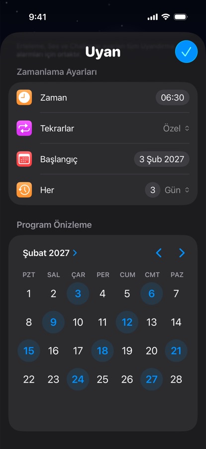 Üç günde bir tekrarlanan kendi uyanma programınız, takvim önizlemesiyle