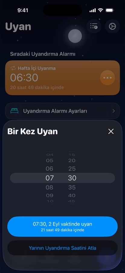 Yarın için tek seferlik bir uyandırma ayarlama ya da atlama