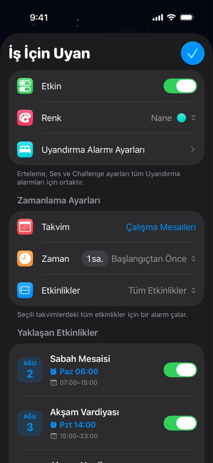 Vardiyalı çalışma için takvime dayalı uyanma alarmı