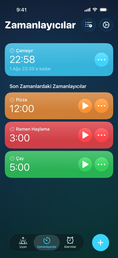 Zamanlayıcılar sekmesi: çalışan bir zamanlayıcı ve son kullanılanlar