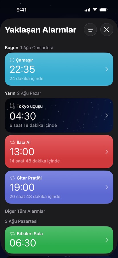 Güne göre gruplanmış yaklaşan alarmlar