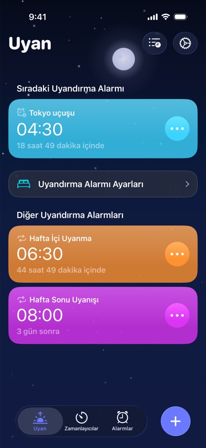 Uyanma sekmesi: sıradaki uyanma alarmı ve diğer uyanma alarmları