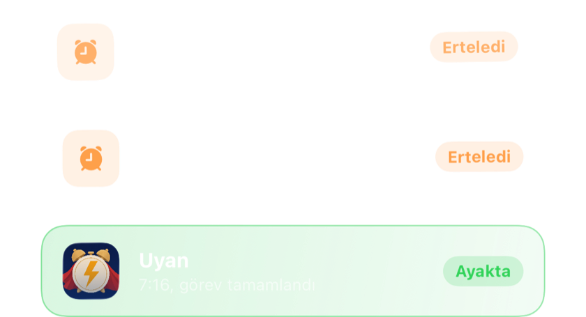 Üst üste iki ertelenmiş alarm, ardından bir görevden sonra tamamen kapatılan bir alarm