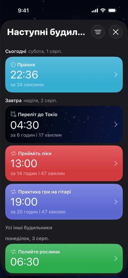 Найближчі будильники, згруповані за днями
