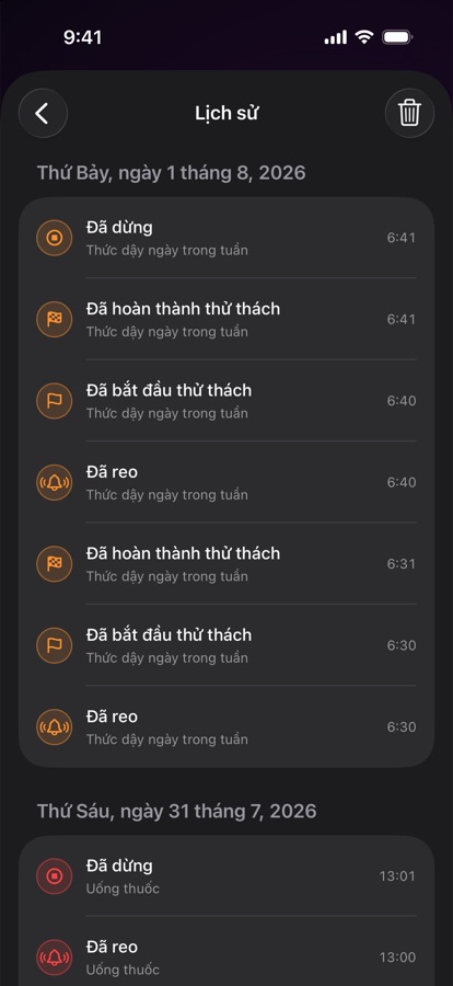 Lịch sử báo thức của những lần thức dậy trước