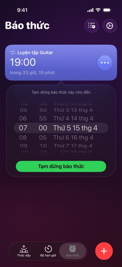 Tạm dừng một báo thức đến ngày và giờ đã chọn