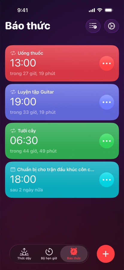 Tab Báo thức, danh sách báo thức lặp lại và báo thức một lần