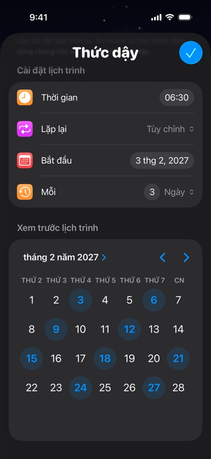 Lịch thức dậy riêng lặp lại ba ngày một lần, kèm bản xem trước trên lịch