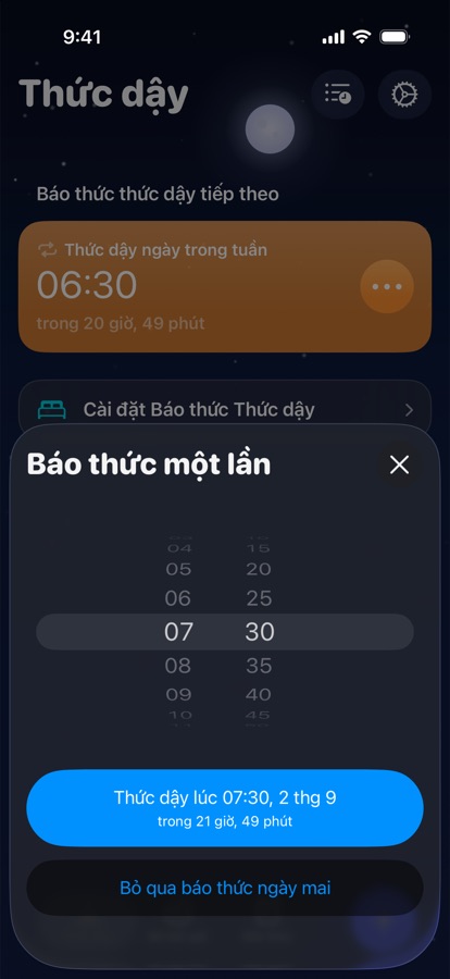 Đặt báo thức một lần cho ngày mai, hoặc bỏ qua nó
