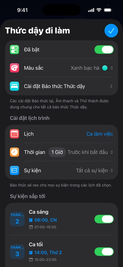 Báo thức dậy dựa trên lịch dành cho công việc theo ca