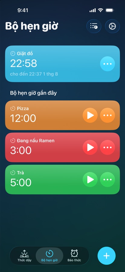 Tab Hẹn giờ, với một bộ đếm đang chạy và những cái gần đây