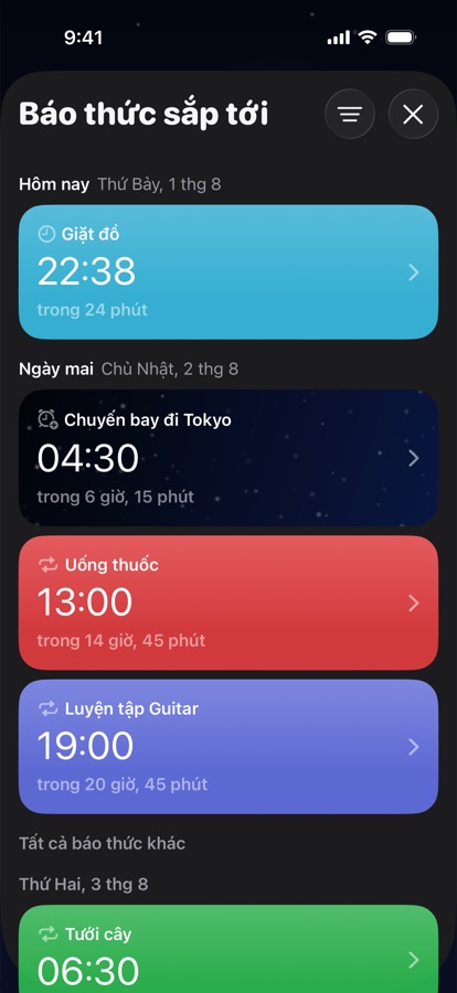 Các báo thức sắp tới được nhóm theo ngày