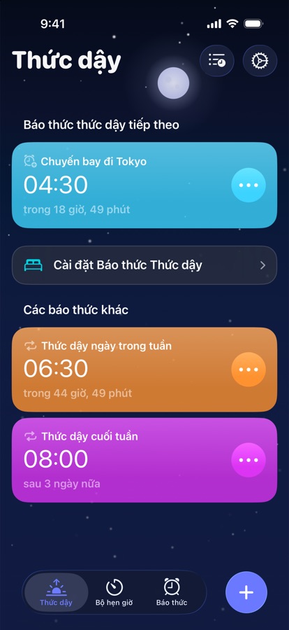 Tab Thức dậy, với báo thức dậy tiếp theo và các báo thức dậy còn lại