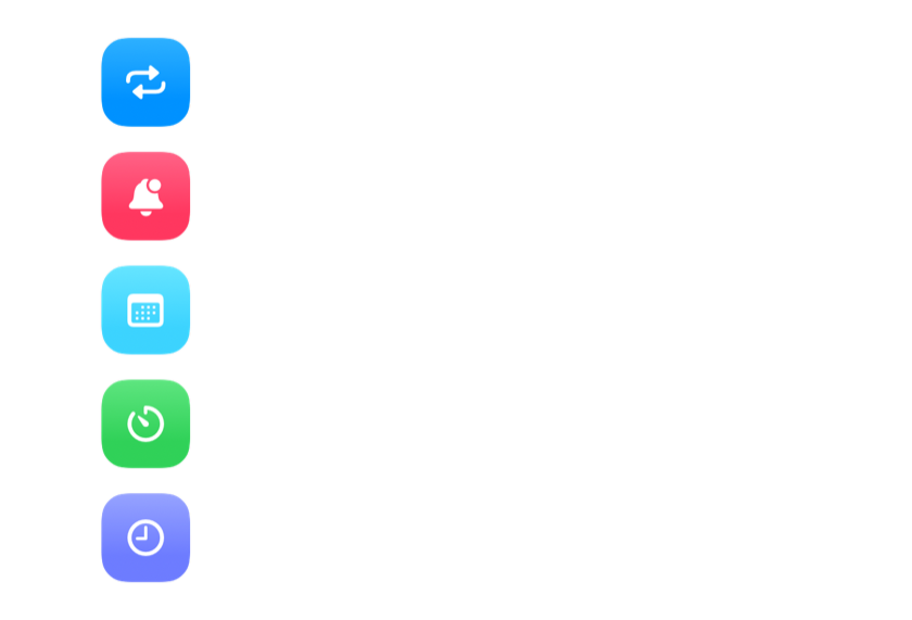 Repeating, manual, calendar, timer, and countdown alarm types