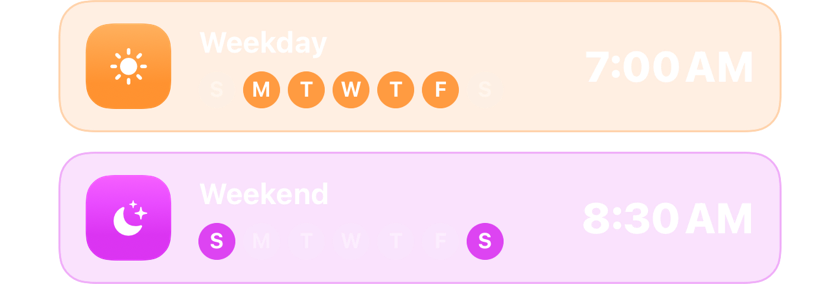 A weekday alarm at 7:00 AM and a weekend alarm at 8:30 AM, each set to their own days