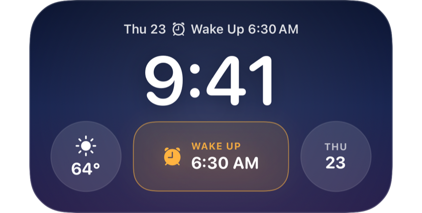 A Lock Screen showing the next wake up at 6:30 AM in a widget