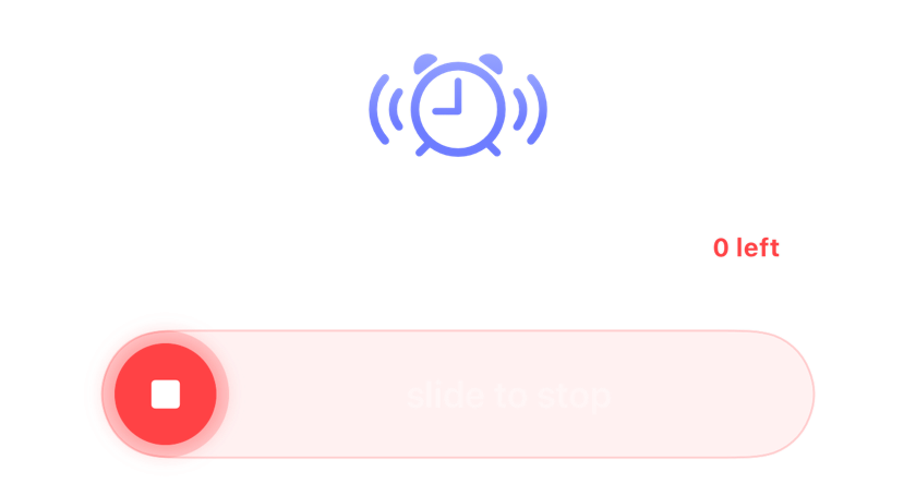 A ringing alarm with no snoozes left, showing the slide-to-stop control