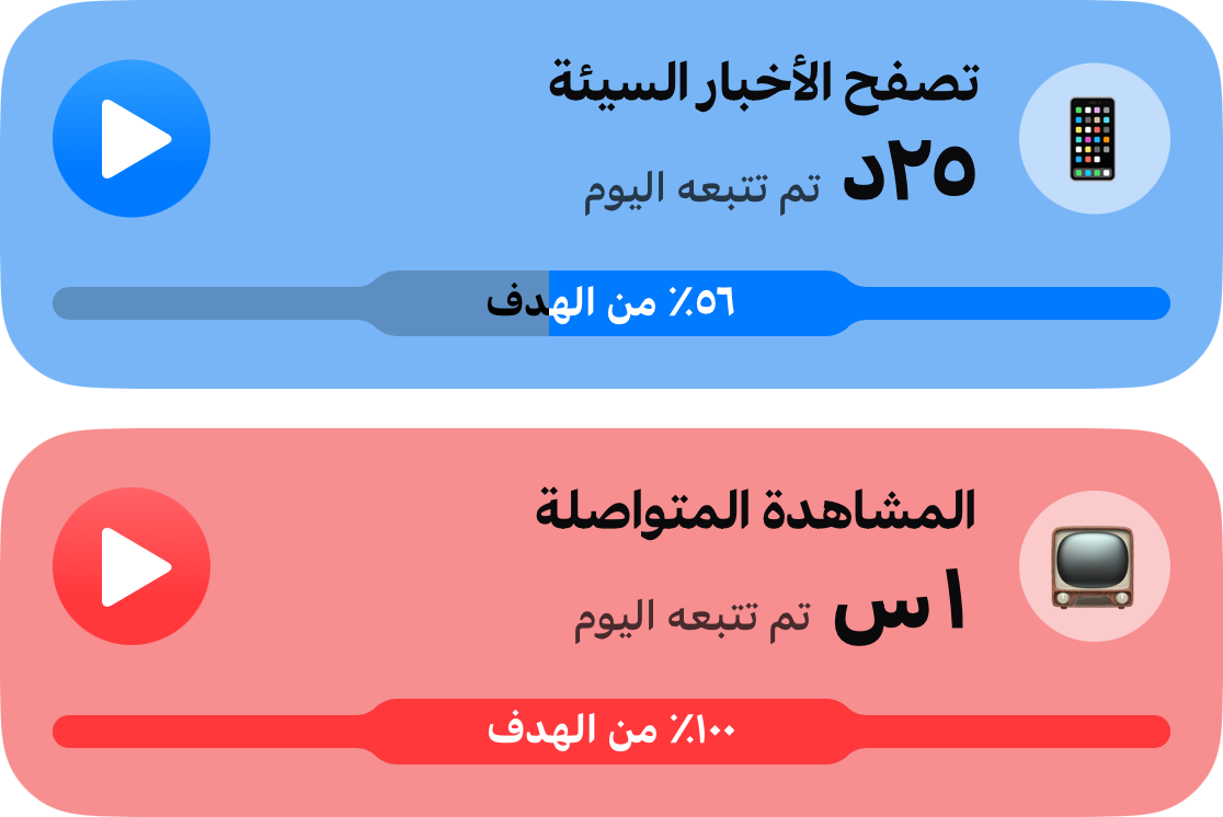 بطاقتي عادة من القائمة الرئيسية: التصفح اللانهائي لمدة 25 دقيقة، 56 بالمئة من هدفه، والمشاهدة المتواصلة لمدة ساعة، تم استهلاك كامل حدها