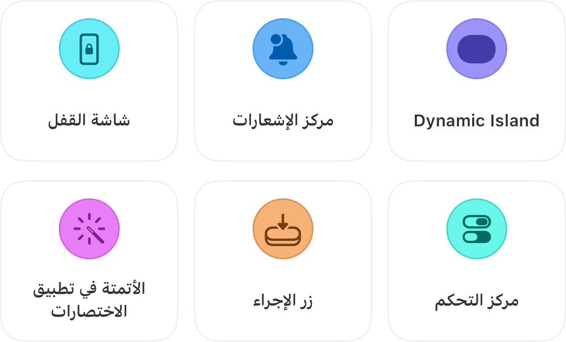 ستة أماكن يظهر فيها مؤقت التشغيل: Dynamic Island، ومركز الإشعارات، وشاشة القفل، ومركز التحكم، وزر الإجراءات، والأتمتة في تطبيق الاختصارات
