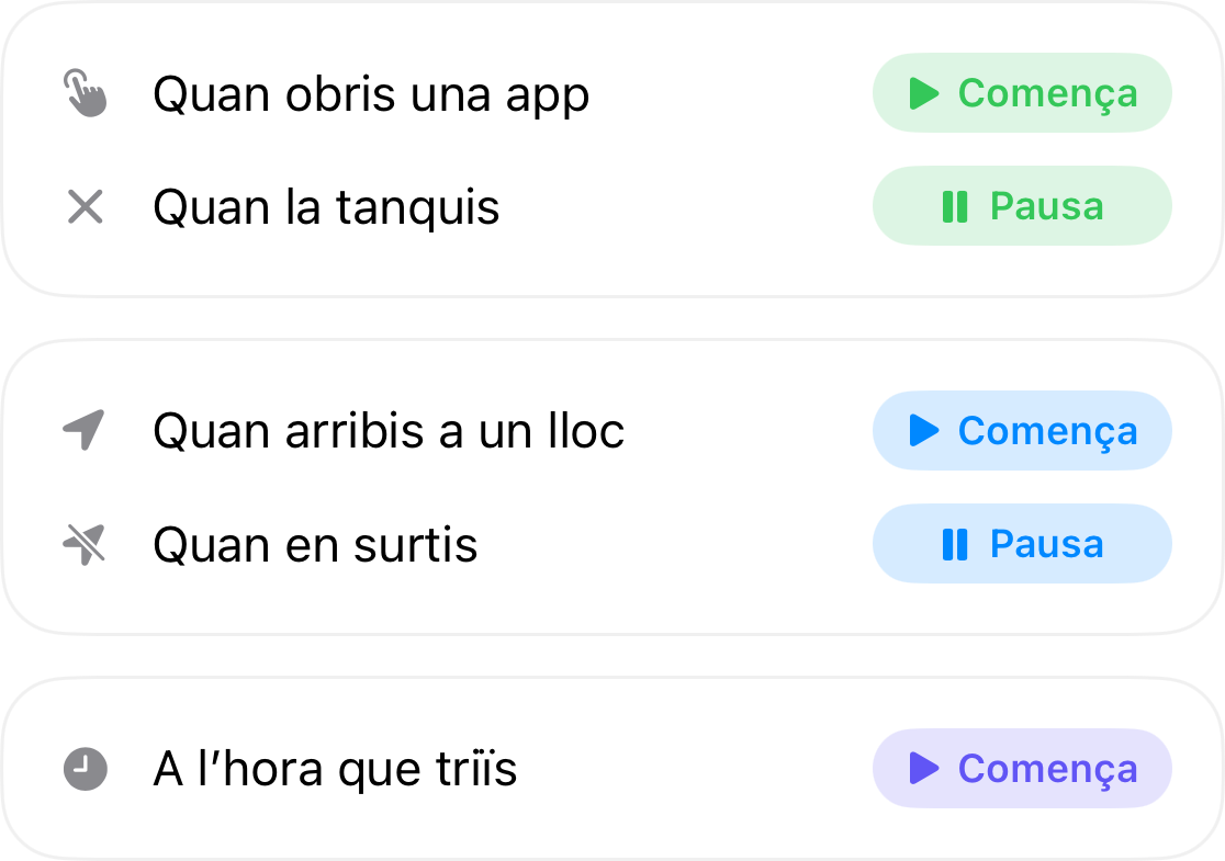 Disparadors d'automatisació: s'inicien quan obres una aplicació i es paren quan la tantes, s'inicien quan arribes a un lloc i es paren quan marxes, i s'inicien a l'hora que tu triïs