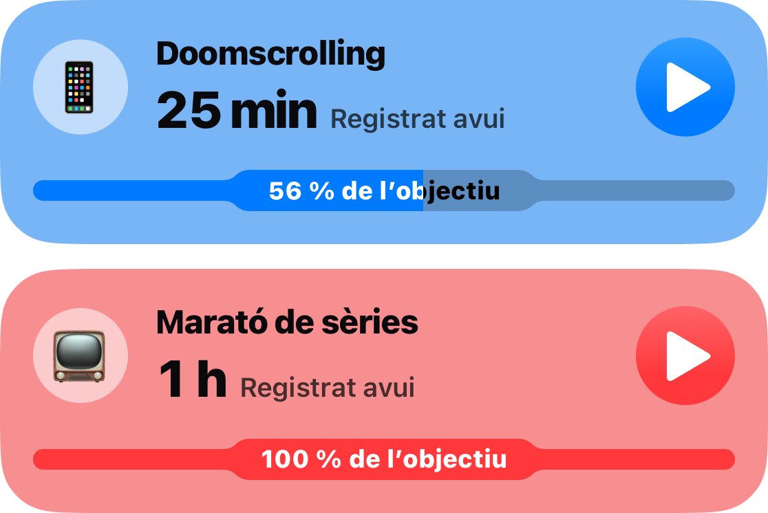 Dos targetes d' hàbit de la llista principal: Doomscrolling a 25 minuts, un 56 per cent del seu objectiu, i Binge Watching a una hora, amb tot el seu límit utilitzat