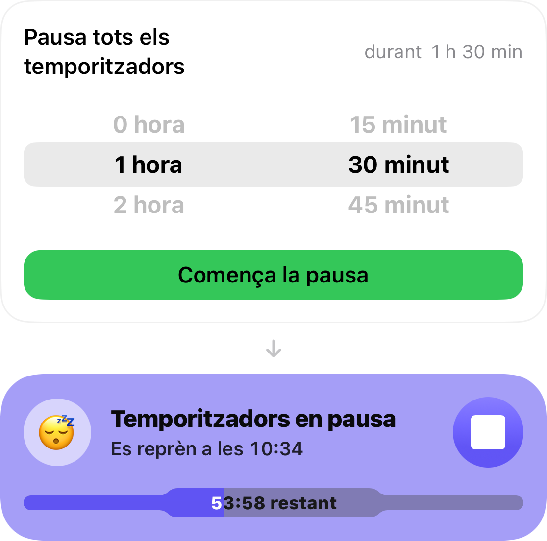 El selector de posposposa configurat a 1 hora i 30 minuts, i sota aquest, la targeta amb el descompte del temps restant per a reiniciar els temporitzadors
