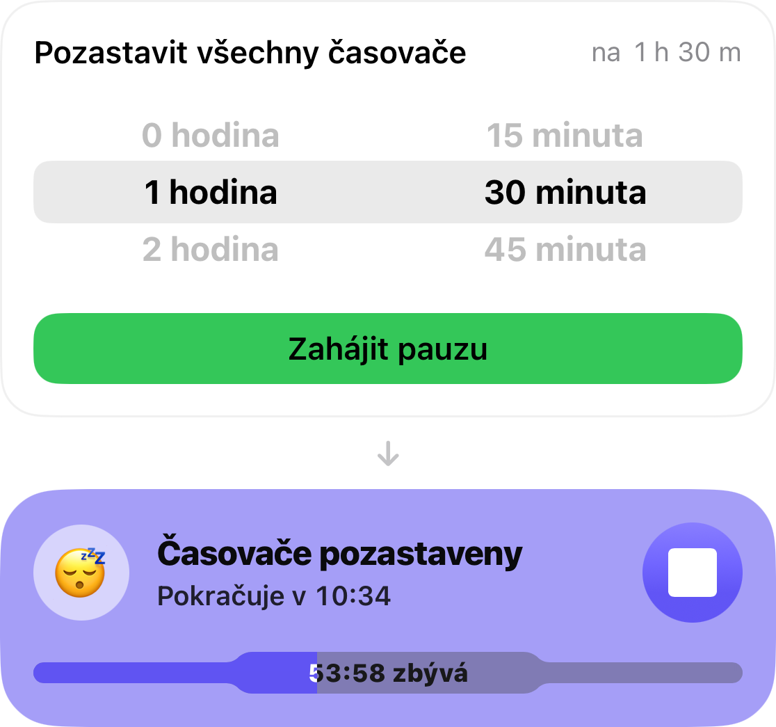 Snooze nastaveno na 1 hodinu a 30 minut, pod ním karta s odpočtem času do opětovného spuštění časovačů