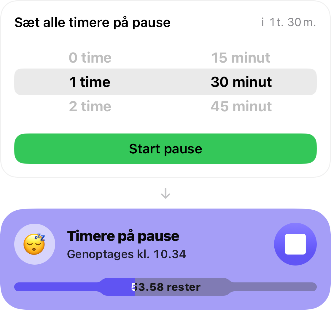 Snooze-vælgeren er indstillet til 1 time og 30 minutter, og nedenunder viser kortet nedtællingen til, hvornår timeren genoptages