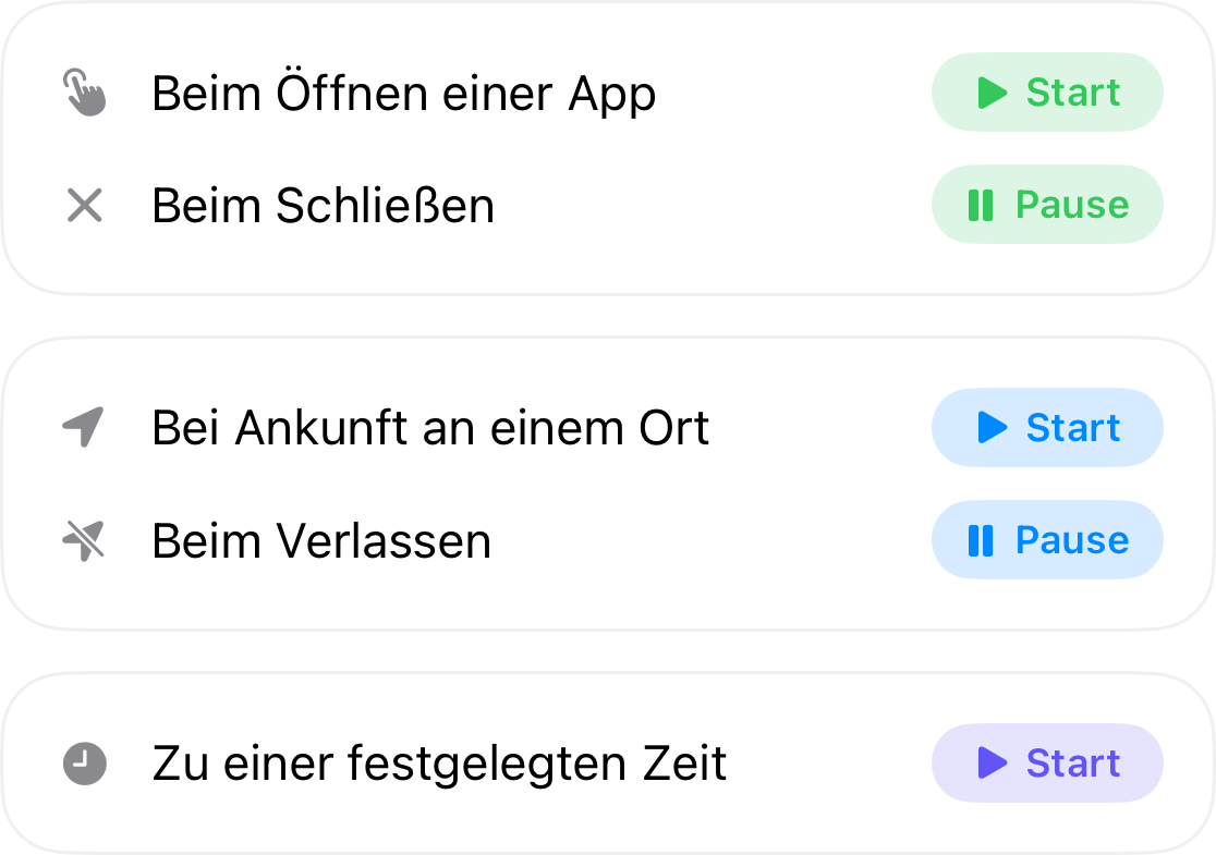 Automatisierungs-Trigger: Start, wenn du eine App öffnest und Stopp, wenn du sie schließt; Start bei Ankunft an einem Ort und Stopp beim Verlassen; sowie Start zu einem von dir gewählten Zeitpunkt