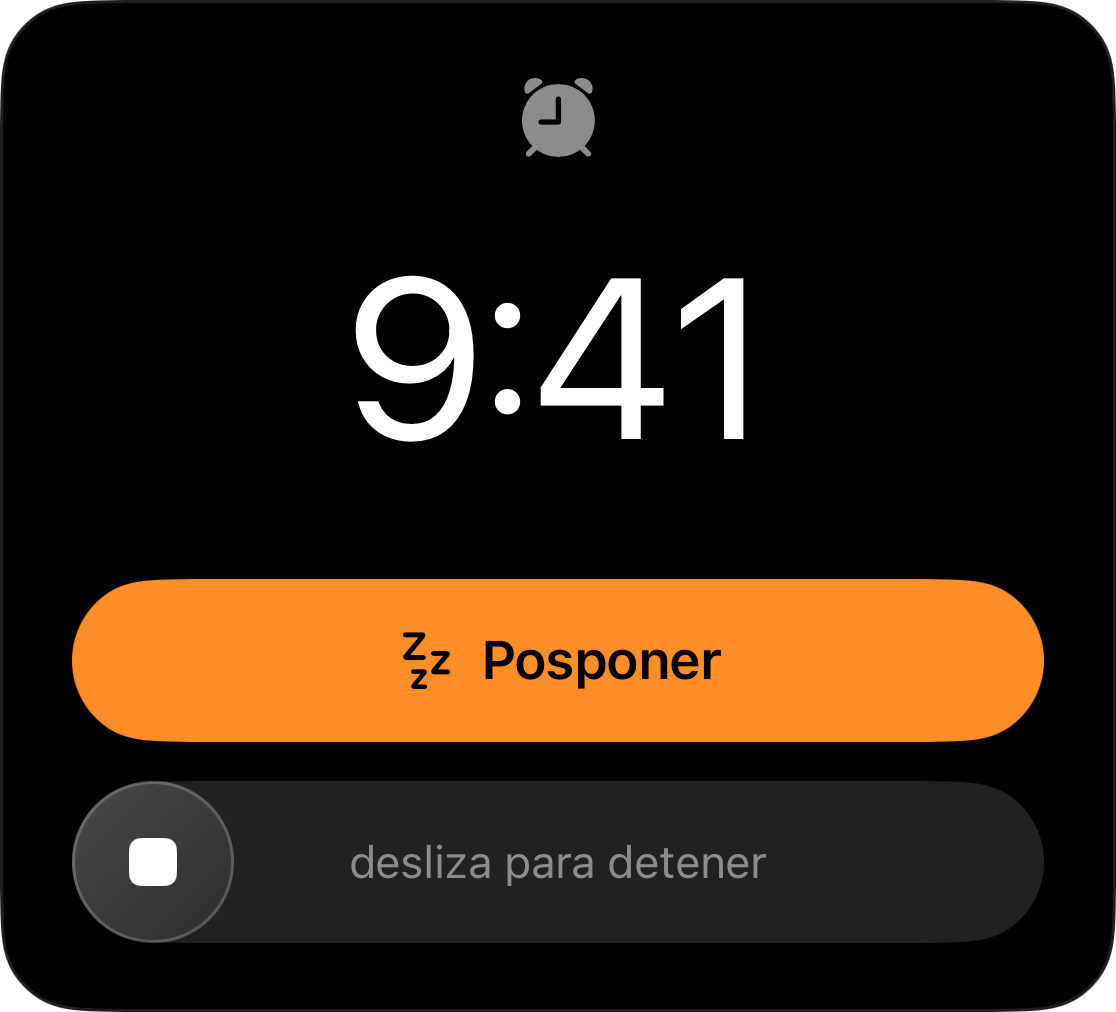 Una alarma en la pantalla de bloqueo a las 9:41 con un botón de Repetir y un control de deslizamiento para detenerla