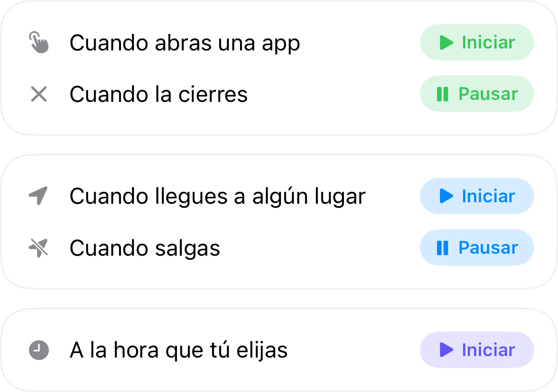 Disparadores de automatización: se activan al abrir una app y se pausan al cerrarla, se activan al llegar a un lugar y se pausan al irte, y se activan en el horario que elijas