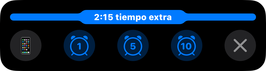 Una Actividad en vivo con la barra llena y 2:15 de tiempo extra, sobre botones para añadir uno, cinco o diez minutos