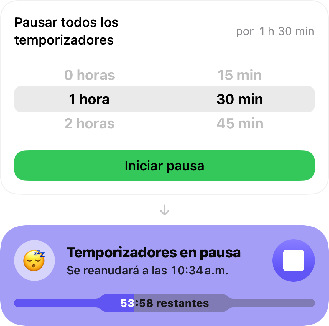 El selector de repetición está configurado en 1 hora y 30 minutos, y debajo se encuentra la tarjeta que muestra la cuenta regresiva para que los temporizadores se reanuden