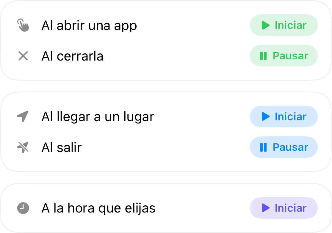 Activadores de automatización: se activan al abrir una app y se detienen al cerrarla, se activan al llegar a un lugar y se detienen al salir, y se activan a la hora que elijas